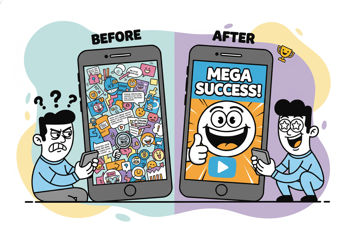 A split comparison shows two phones: one with a cluttered thumbnail confusing a viewer, and another with a simple, clear thumbnail that delights.