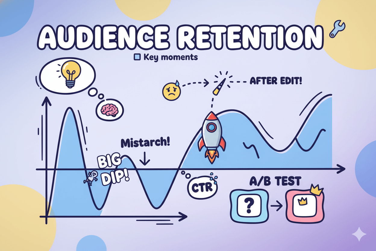 A whimsical chart illustrates audience retention, showing a dip and a successful recovery after editing, emphasizing key moments.