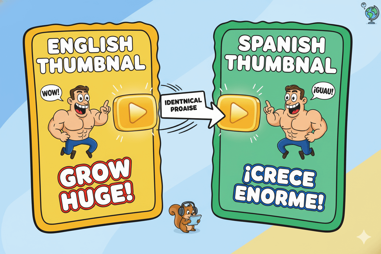 Two cartoon thumbnails, one English and one Spanish, with identical imagery and translated text to show localized thumbnails.