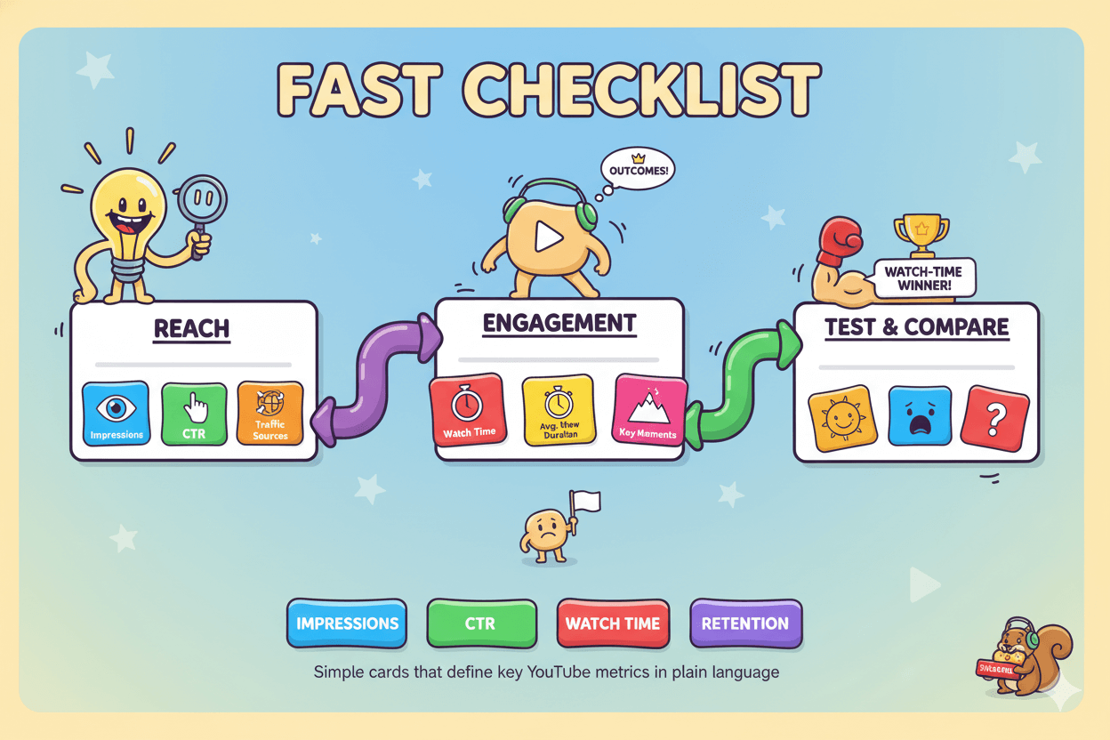 A whimsical flowchart shows a "fast checklist" for YouTube reports, categorizing metrics into reach, engagement, and test and compare.