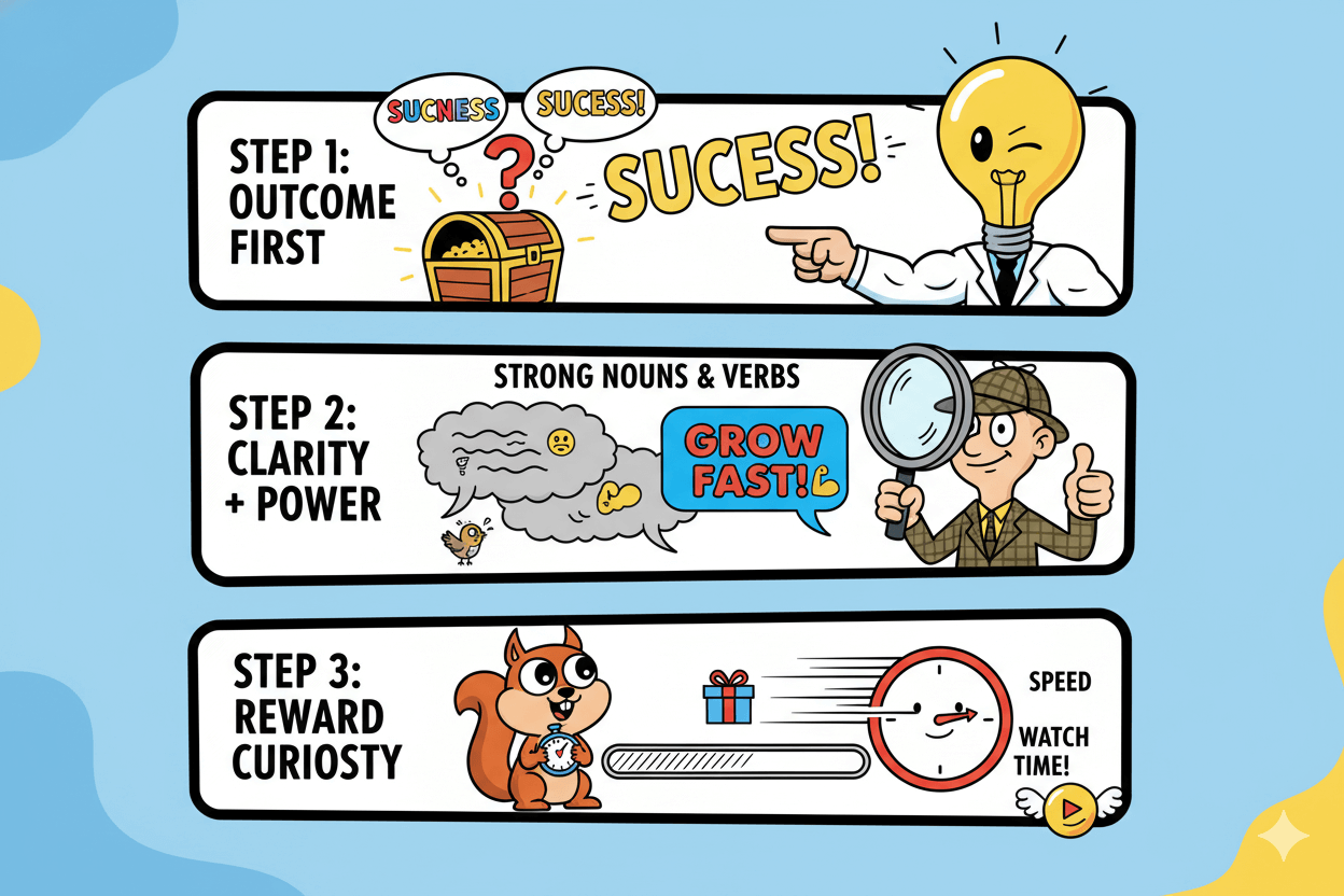 A playful 3-step how-to panel illustrates writing a YouTube title: outcome first, clarity, and rewarding curiosity.