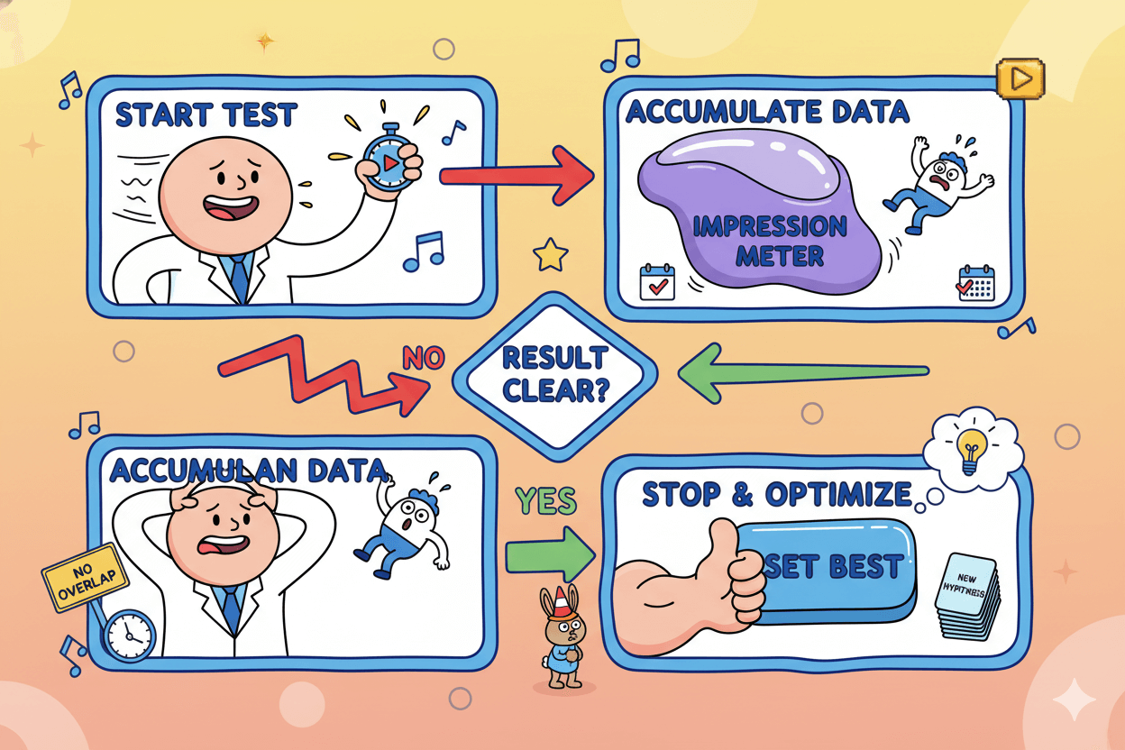 A humorous flowchart illustrates the process of running and analyzing A/B tests for YouTube thumbnails, emphasizing duration and stopping.