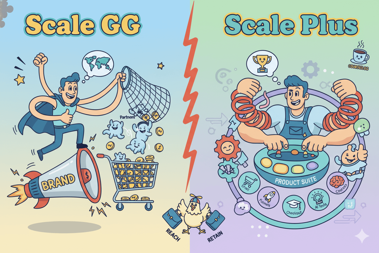 A cartoon split comparison of Scale GG, a brand for reach and acquisition, versus Scale Plus, a product for operational execution and retention.