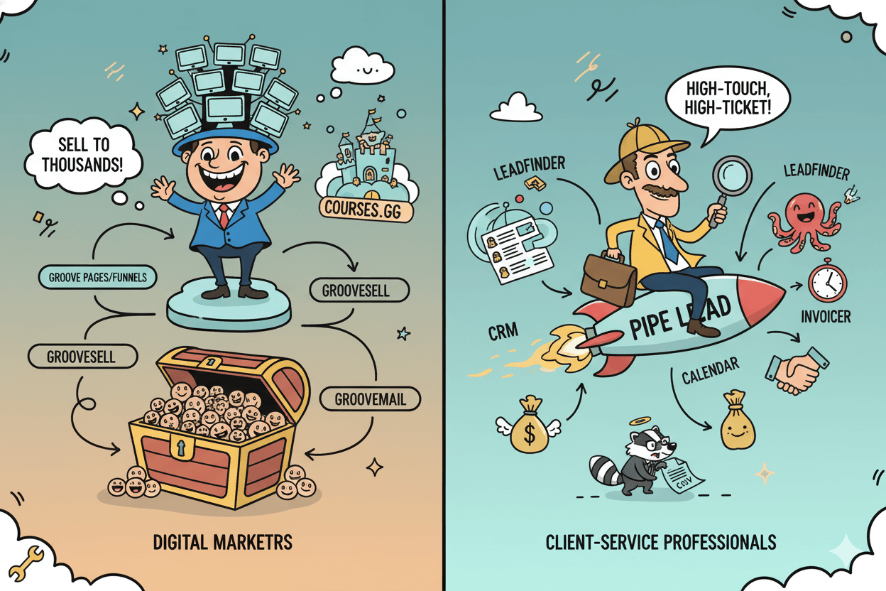 A split comparison showing digital marketers using Groove apps to sell to thousands, and client-service professionals using Pipe Lead to manage high-touch clients.