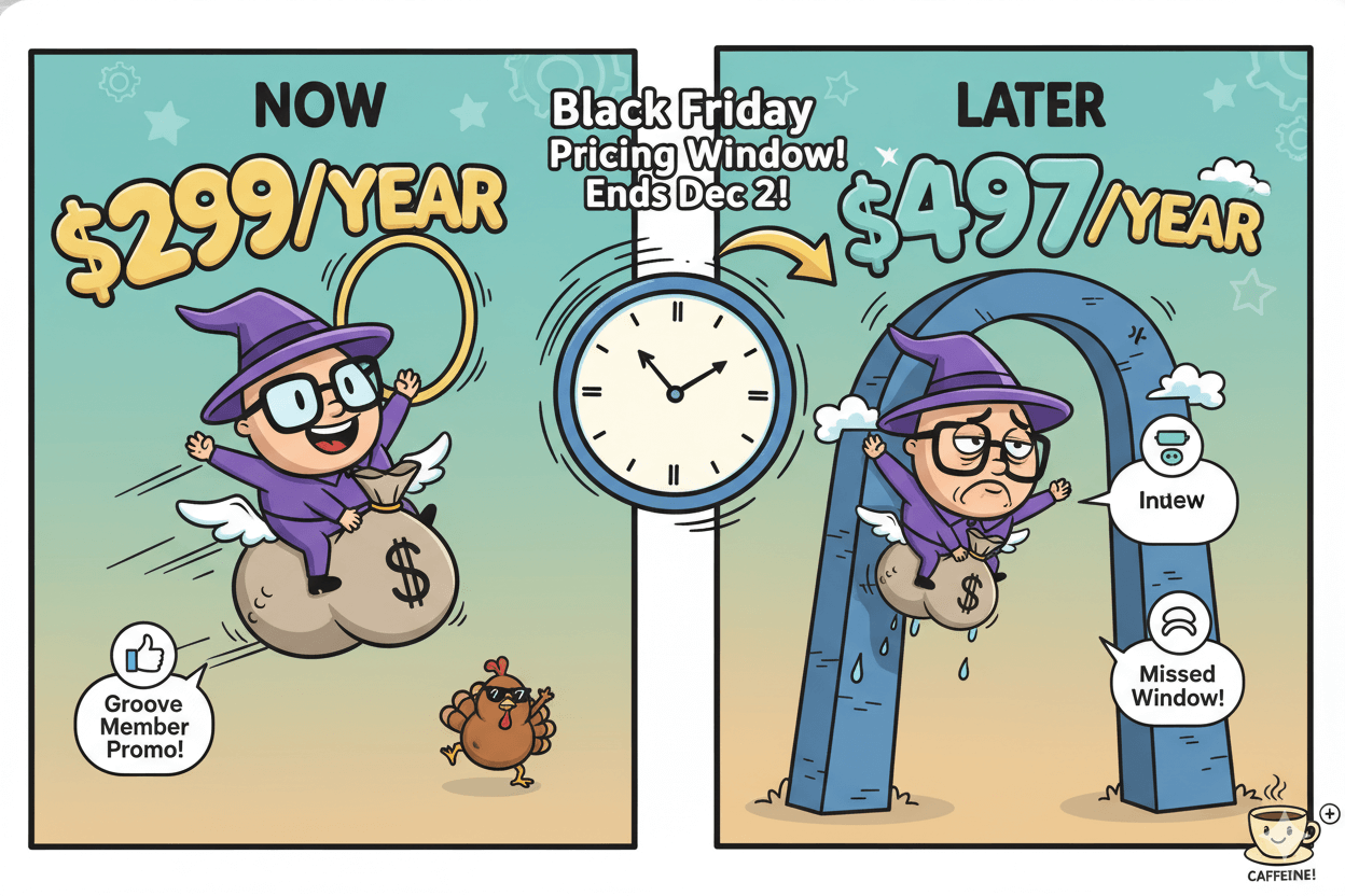 A playful split comparison shows a happy cartoon character flying on a money bag with a $299/year price, contrasting with a sad character under a $497/year arch, illustrating the Scale Plus Black Friday pricing window.