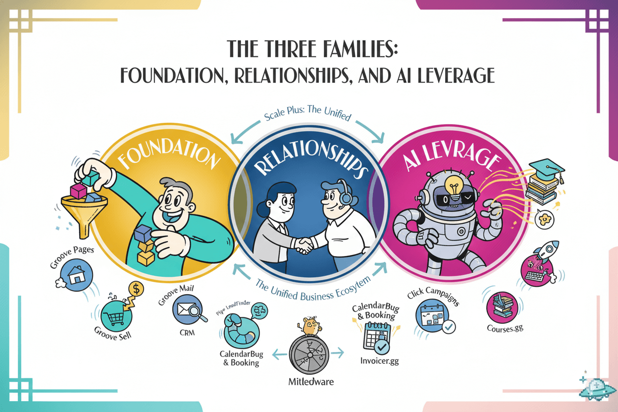 A cartoon flowchart titled "The Three Families" illustrating how Foundation, Relationships, and AI Leverage work together within Scale Plus.