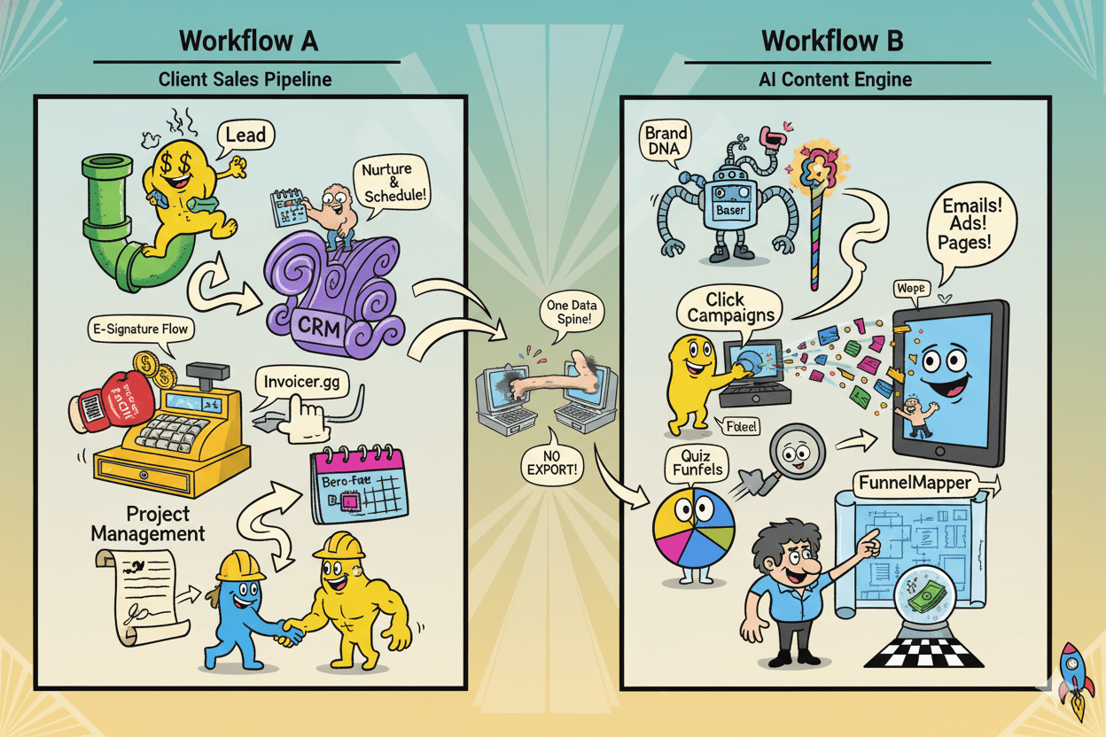 A humorous flowchart illustrates two core workflows of the Scale Plus business ecosystem: client sales pipeline and AI content engine.