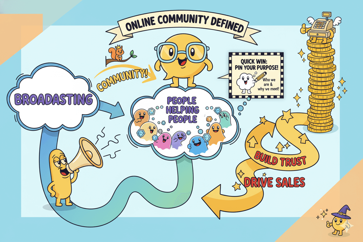 A whimsical flowchart illustrates how an online community shifts from broadcasting to people helping people, building trust to drive sales.