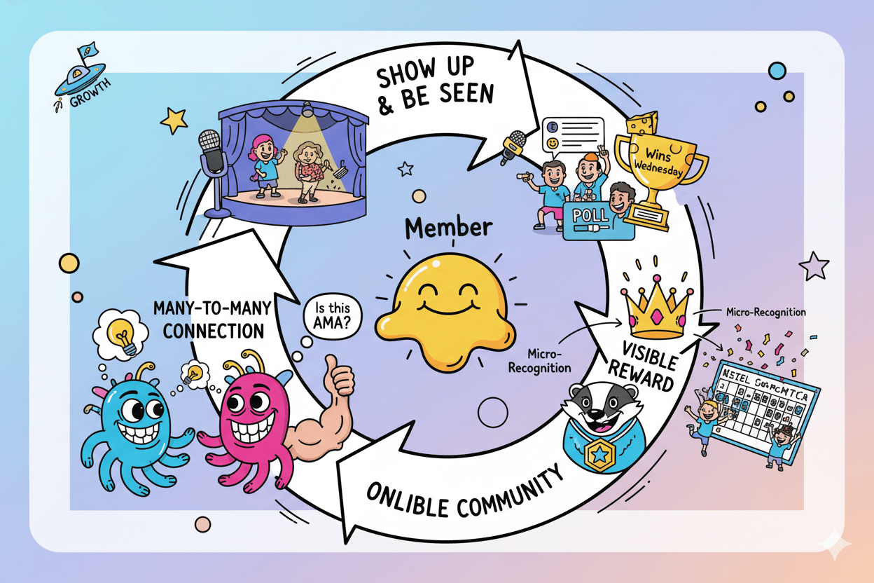 A whimsical flywheel diagram shows how contribution rituals create a loop of member engagement and growth in an online community.