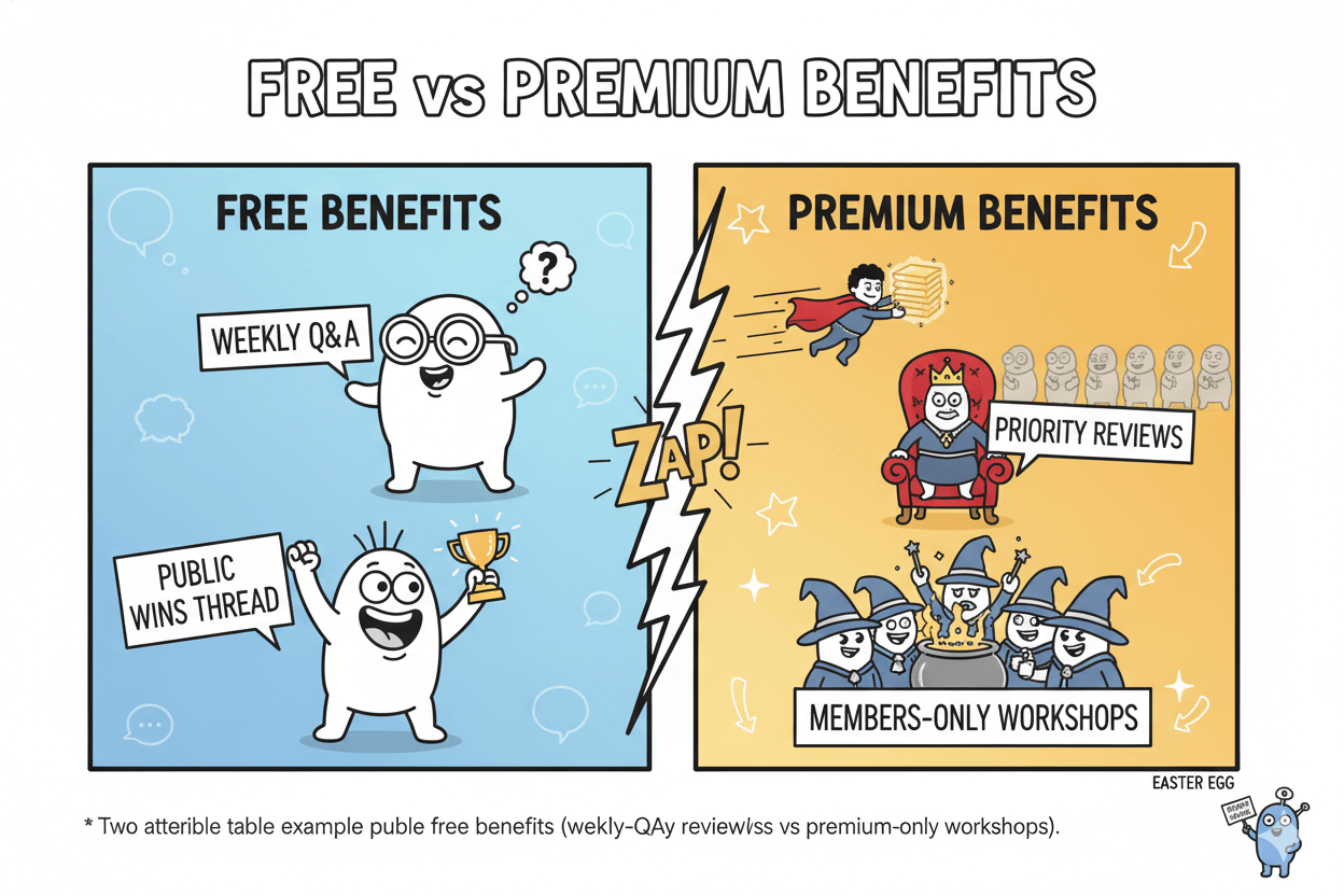 A split comparison shows a character receiving free benefits and another experiencing premium benefits like priority reviews, illustrating upgrade advantages.
