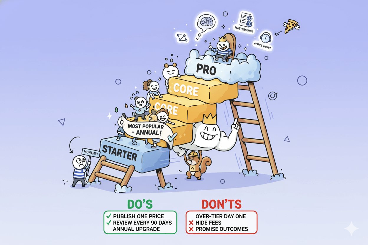 A three-tier price ladder shows "starter," "core" with an annual option, and "pro" with masterminds and templates, along with pricing do's and don'ts.