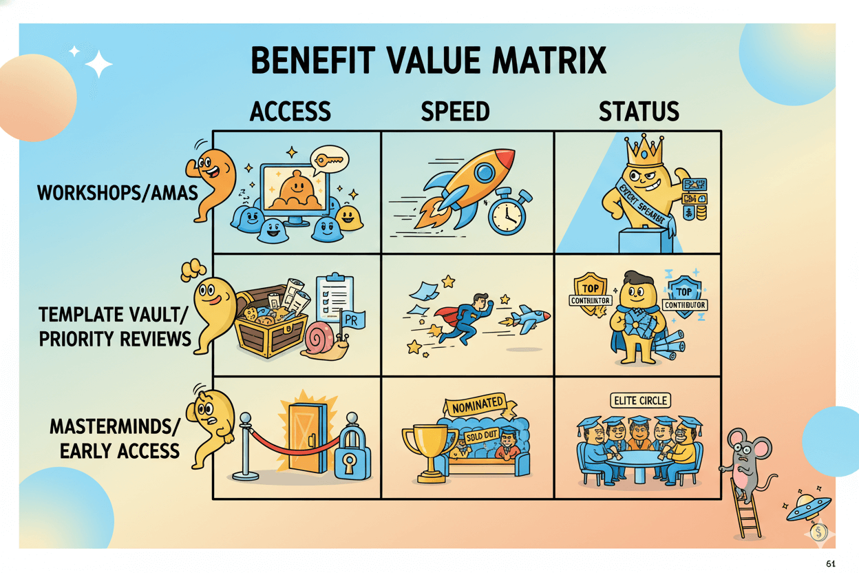 A cartoon matrix maps access, speed, and status perks like workshops, template vaults, and masterminds, helping package community benefits.