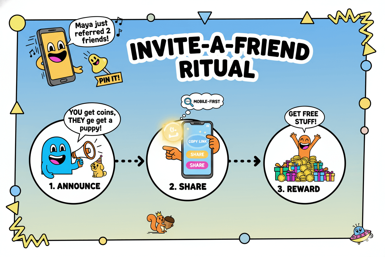 A playful flowchart illustrates a three-step invite-a-friend ritual to announce, share, and reward, demonstrating how to encourage referrals.