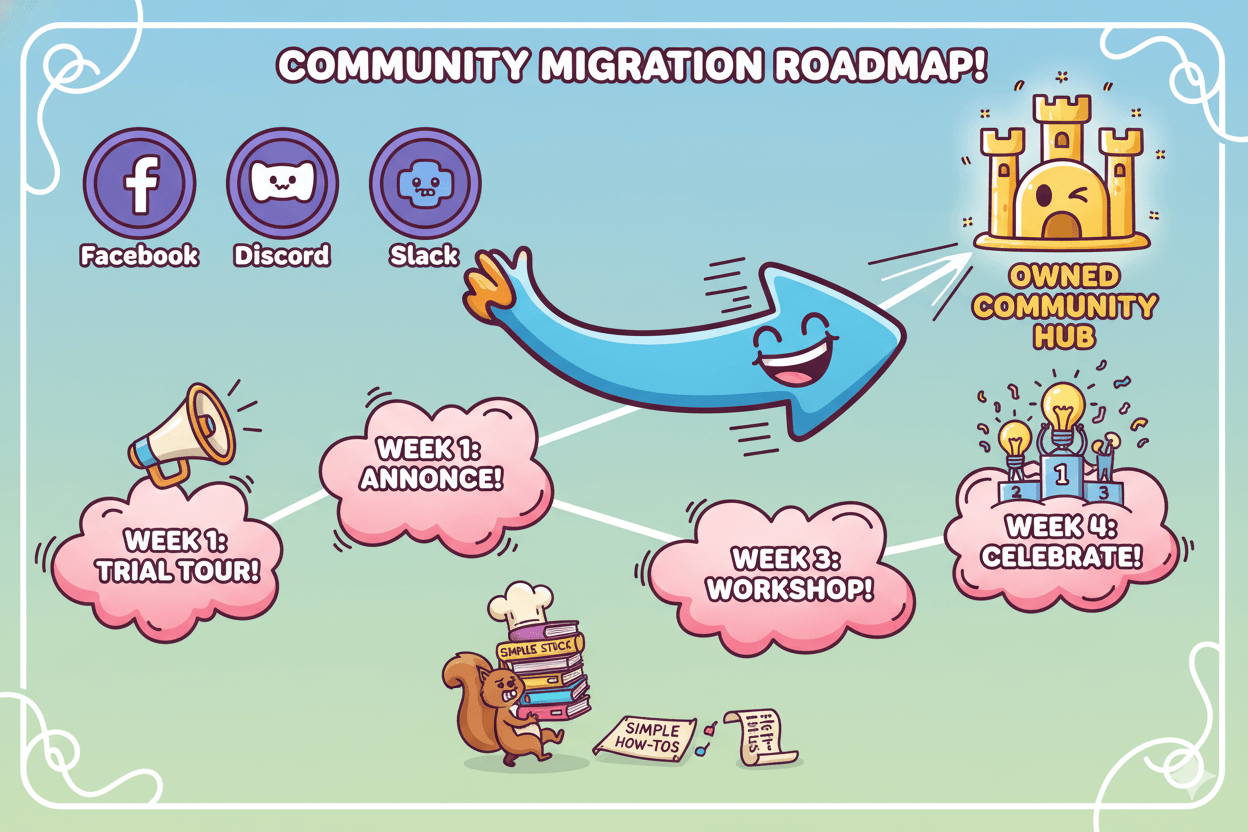 A cartoon roadmap shows a community migration from social platforms to a new hub with milestones like announce, trial, workshop, and celebrate.
