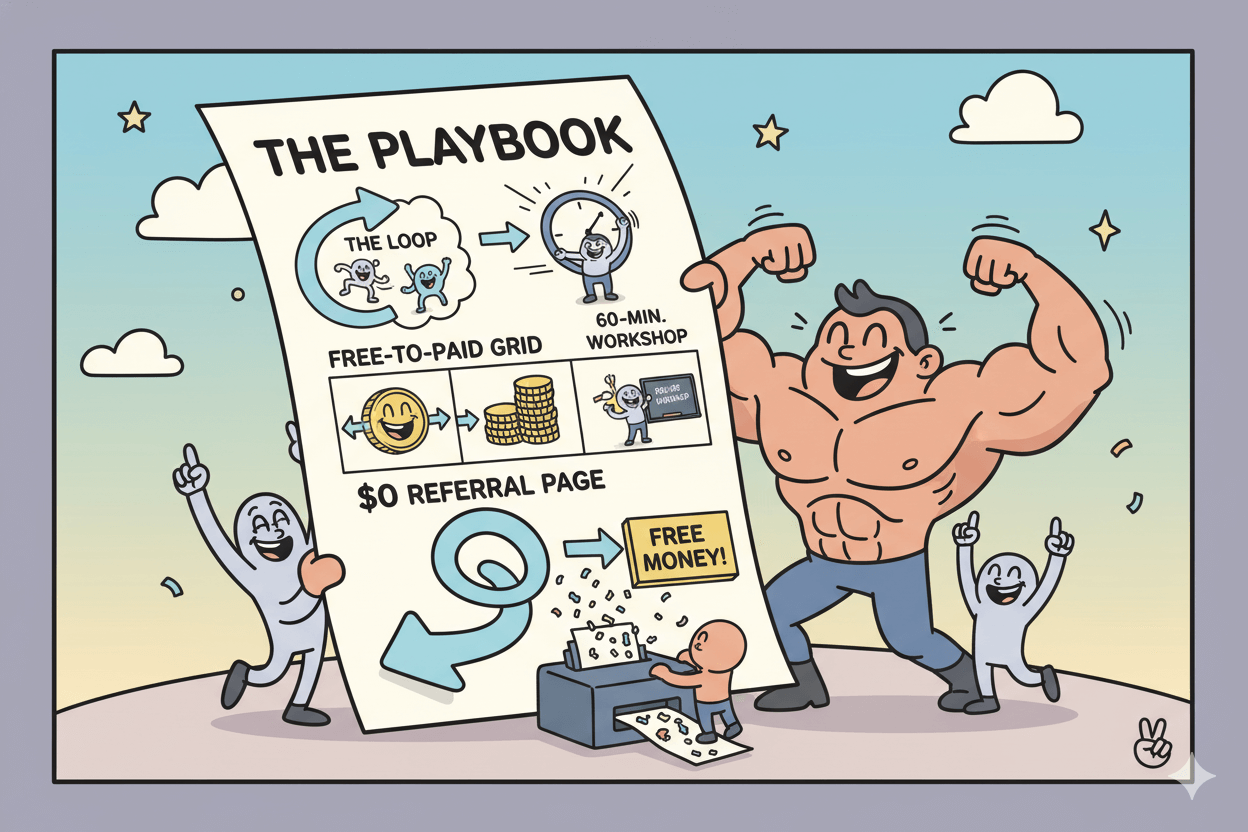 Cartoon characters display a "playbook" flowchart outlining a one-page action plan for business growth.