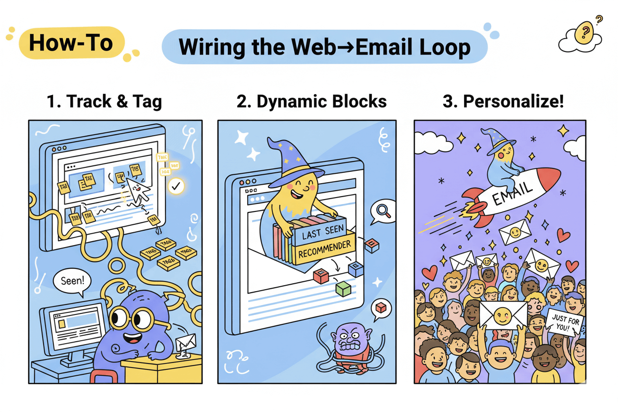 A whimsical 3-step how-to panel illustrates "wiring the web-to-email loop" by showing tracking, dynamic content, and personalized email delivery.