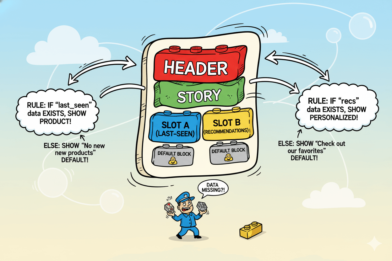 A playful diagram of an email template built like LEGO blocks, showing "Slots and Fallbacks" with conditional content rules.