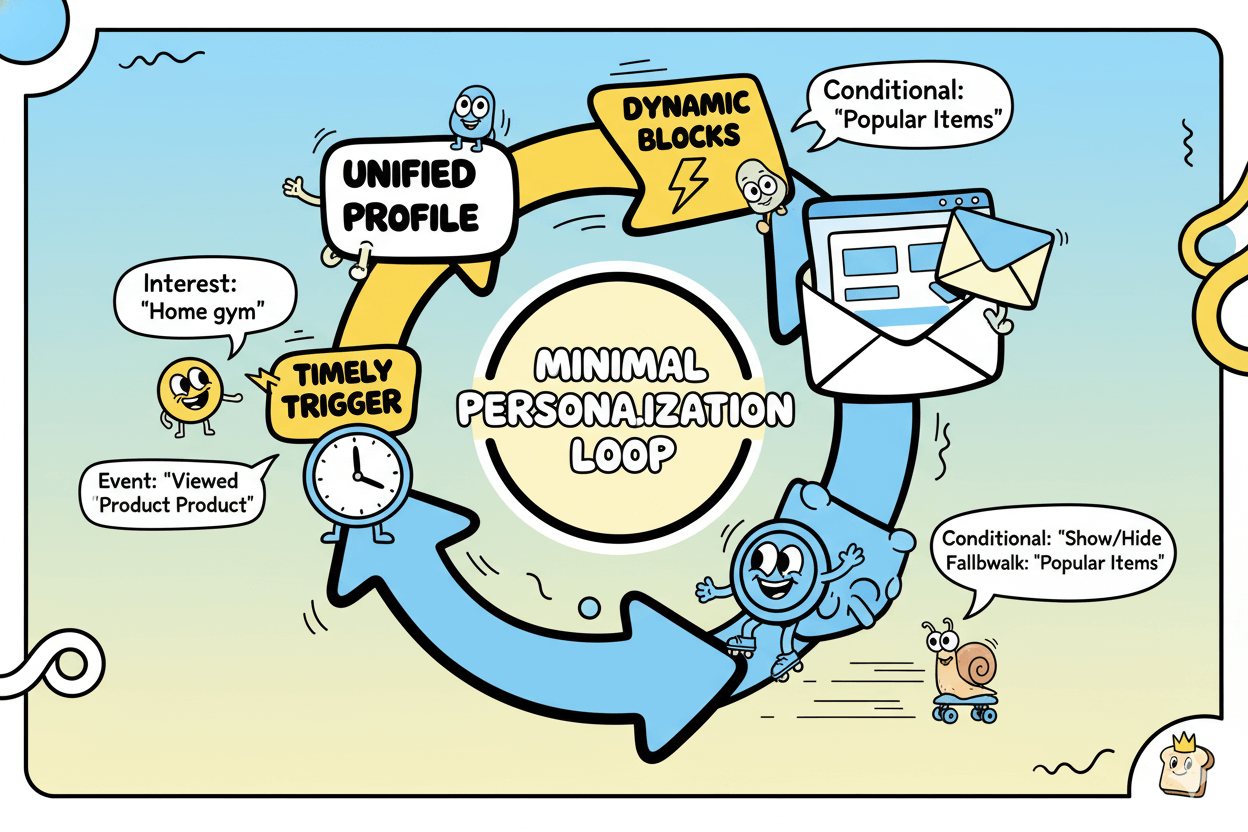 A cartoon flowchart shows "Unified Profile," "Timely Trigger," and "Dynamic Blocks" in a loop, explaining the minimal personalization process.