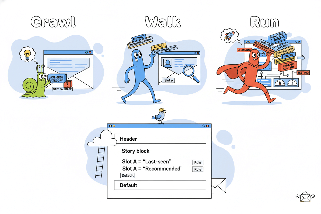 A whimsical three-panel illustration shows the "Crawl, Walk, Run" progression of email personalization, from simple conditional blocks to dynamic content, alongside an email template demonstrating content slots.
