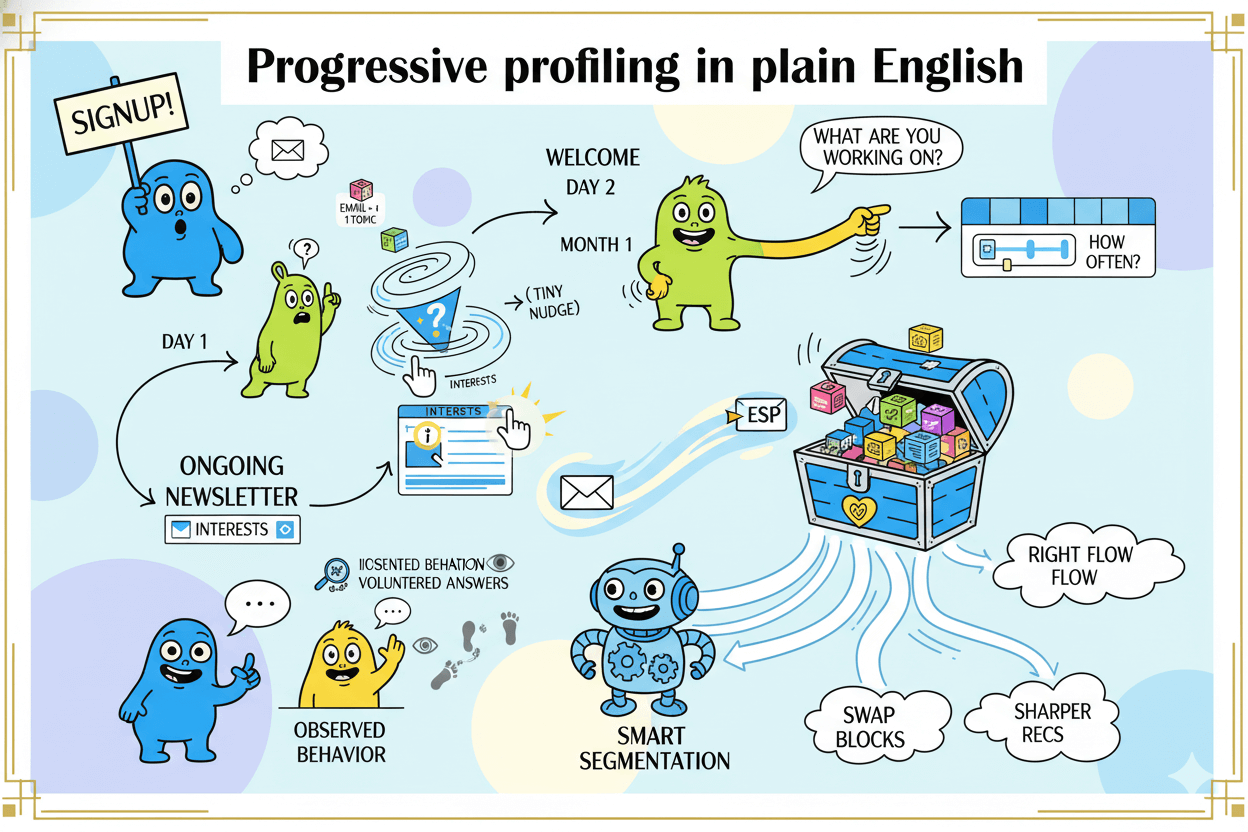 A playful flowchart illustrates progressive profiling, showing how customer data is collected over time to enable smart segmentation for personalized email flows.