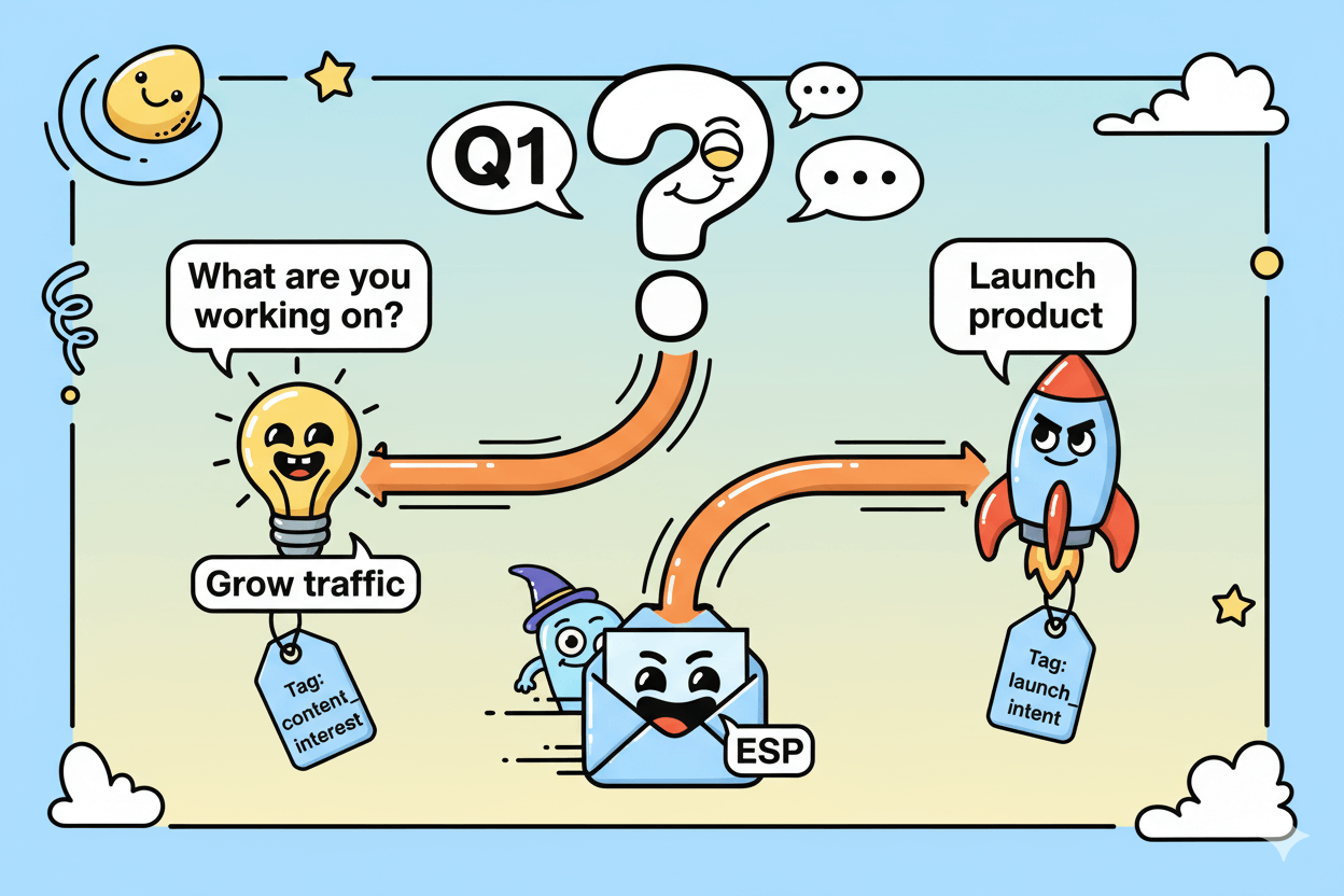 A playful flowchart depicts a question branching into two paths, "Grow traffic" and "Launch product," demonstrating branching logic in forms.