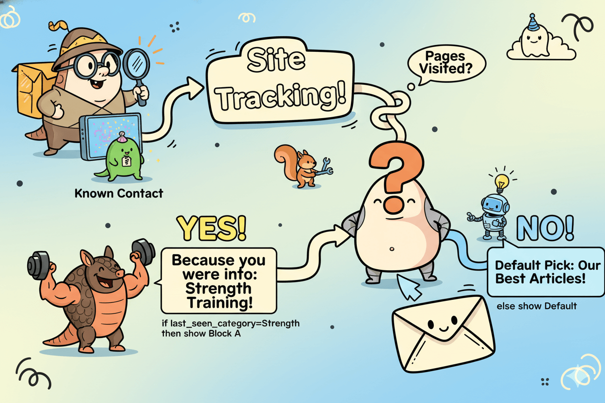 A whimsical flowchart demonstrates "Last-seen content block" logic, showing how site tracking leads to personalized or default email content.