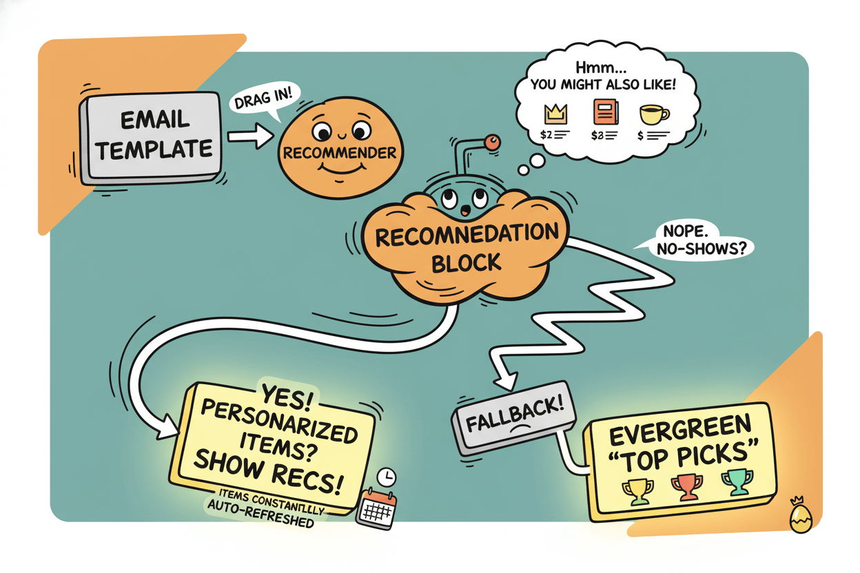 A playful flowchart demonstrates how a recommendation block dynamically suggests products and falls back to "top picks" when personalized items are unavailable.
