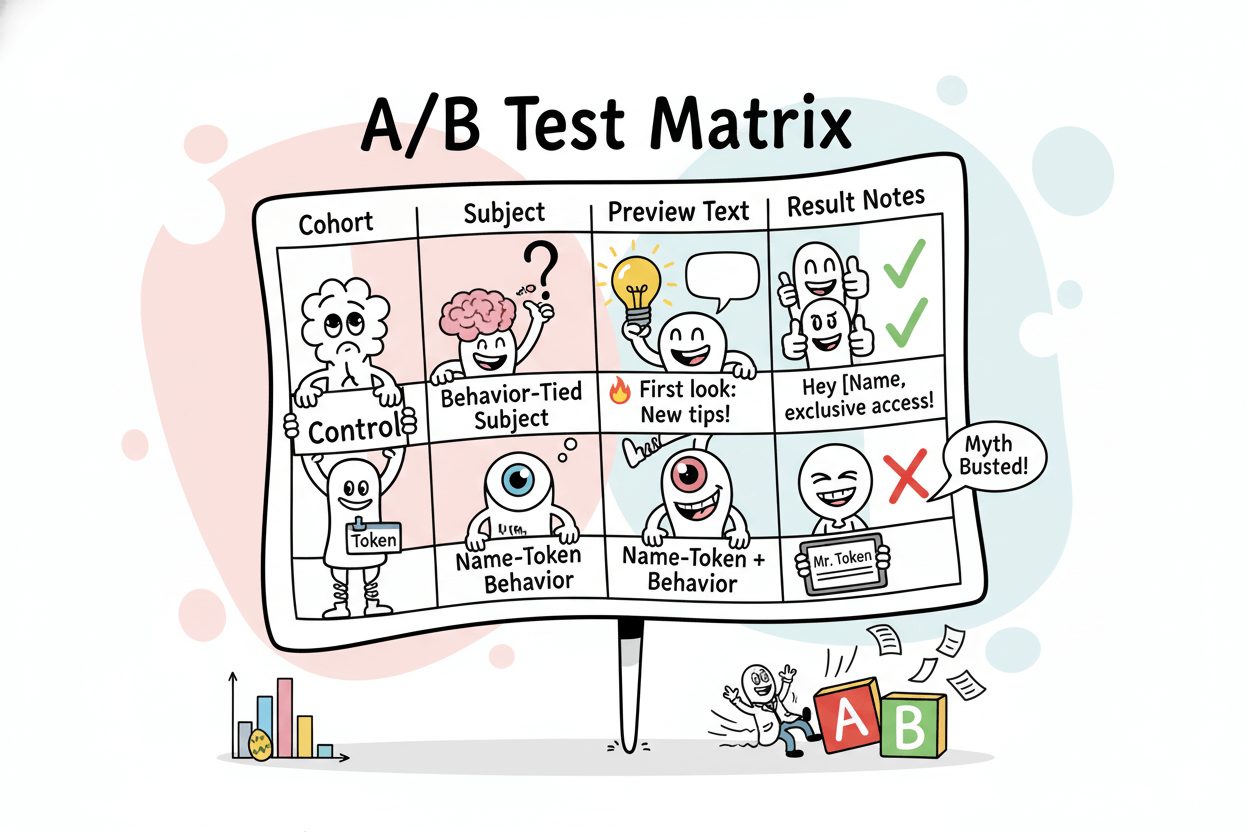 Humorous A/B test matrix visually compares email preview text strategies, including control, behavior-tied subject, and name-token variants.