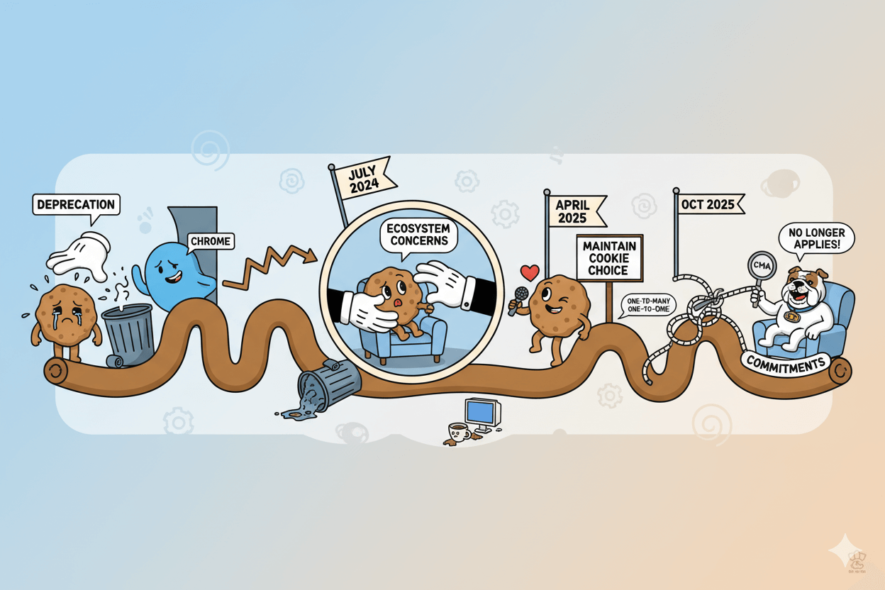A cartoon timeline visually depicts the "Cookie timeline" with characters representing deprecation plans, delays, reversal, and CMA commitments.