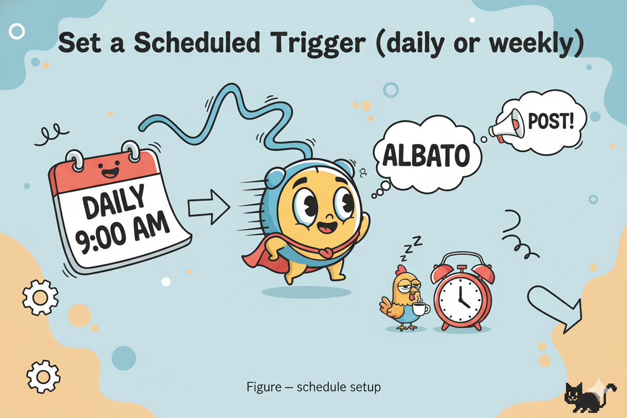 A cartoon calendar and a superhero clock illustrating setting a daily schedule for automation consistency
