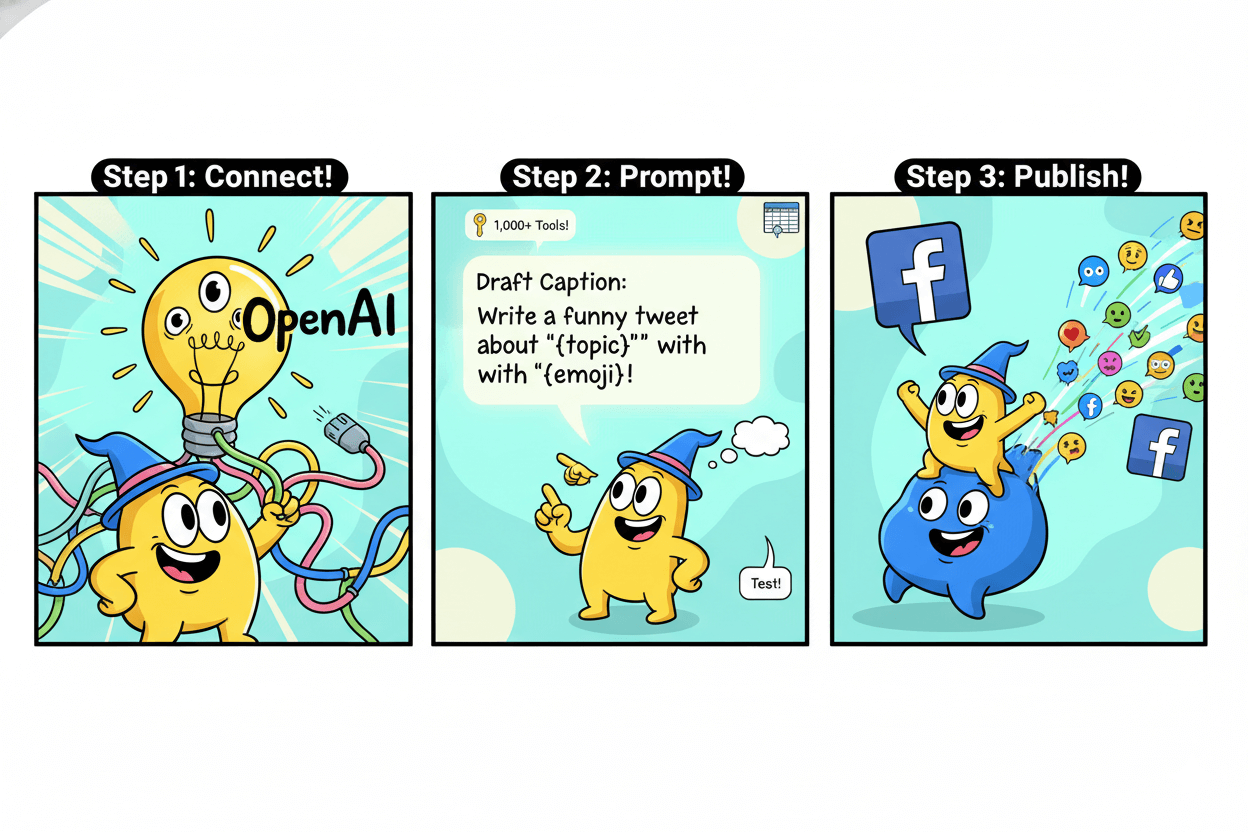 A cartoon character demonstrates a three-step process to generate AI post copy, connecting, prompting, and publishing.
