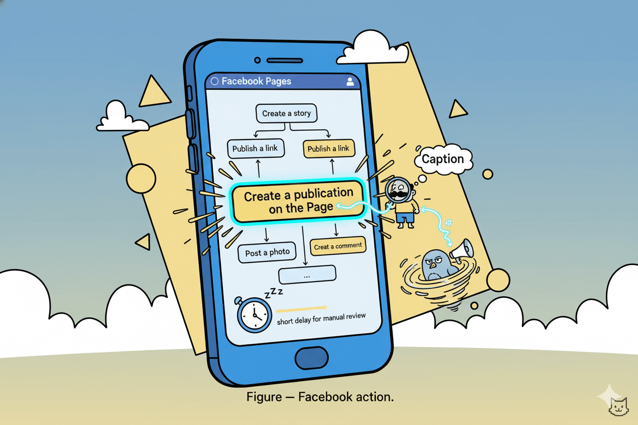 A flowchart on a phone screen showing Facebook Pages actions, with "create a publication on the page" highlighted for social media automation.