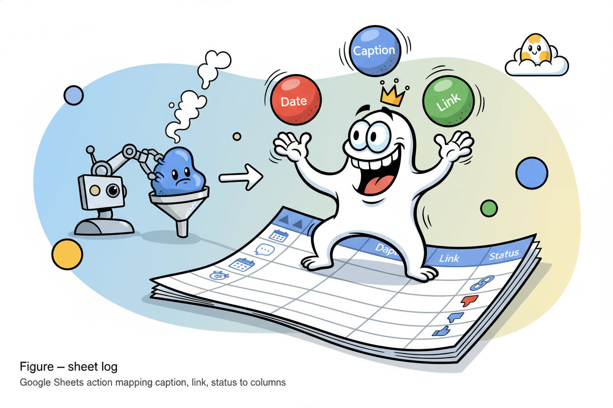 Model
A cartoon character juggles "date," "caption," "link," and "status" orbs onto a Google Sheet, illustrating data logging.