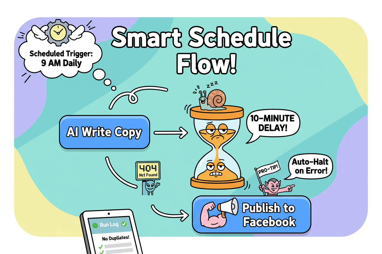 A humorous flowchart shows an "AI Write Copy" step, followed by a 10-minute automation delay, then publishing to Facebook