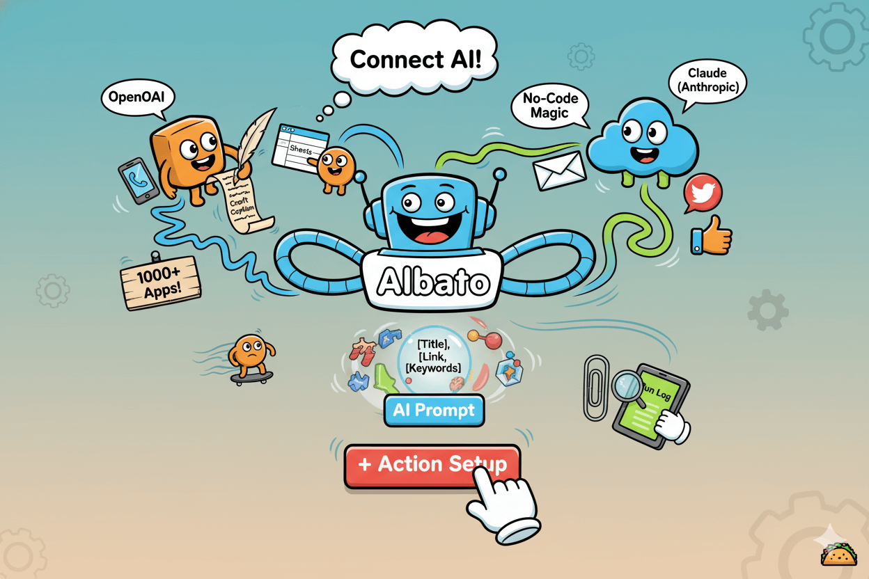 A playful Albato robot connects OpenAI and Claude to various apps, illustrating how to set up AI actions and map inputs.