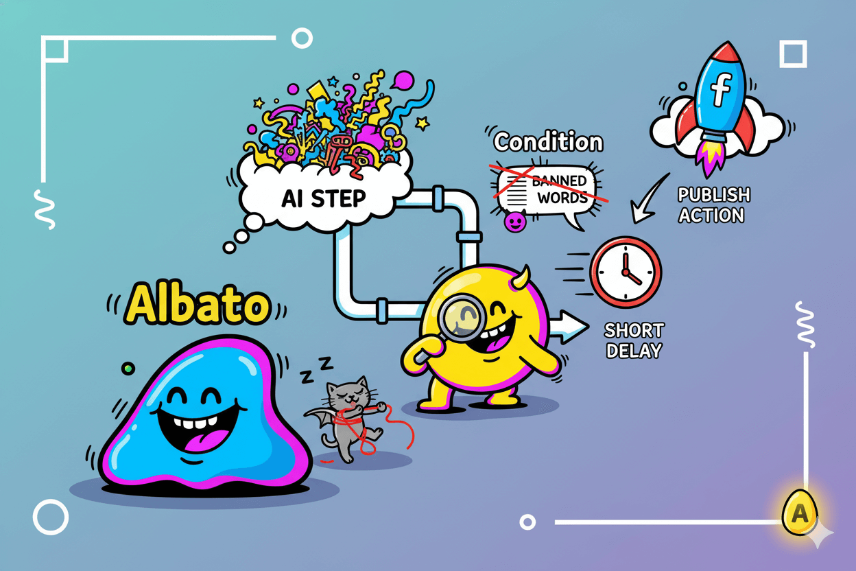 A playful flowchart showing an AI step moving through conditions, a short delay, and finally publishing actions.