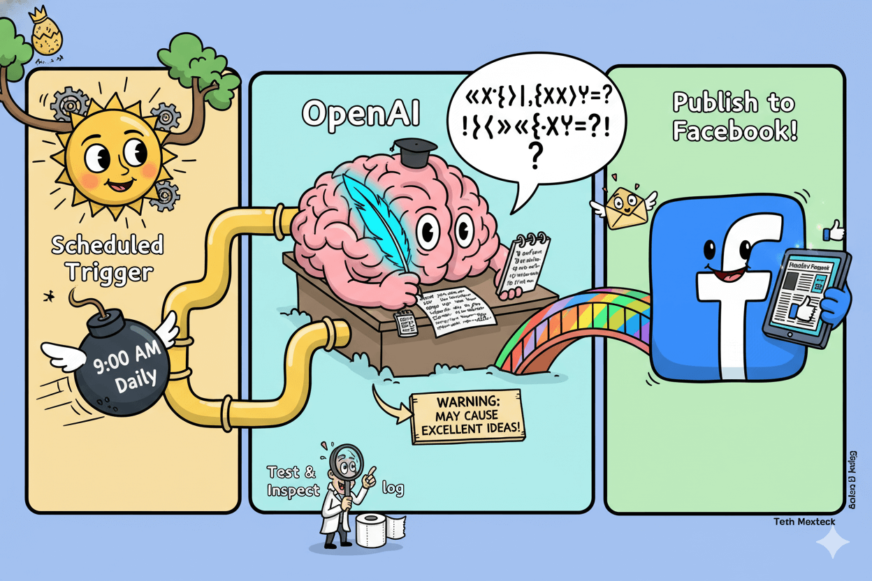 A whimsical flowchart shows a sun triggering a bomb, leading to a brain writing with OpenAI, then publishing to Facebook.