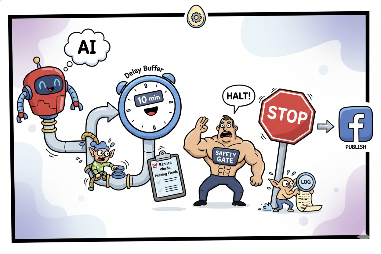 A cartoon robot flows into a delay buffer and safety gate before publishing to Facebook, showing automation safeguards.
