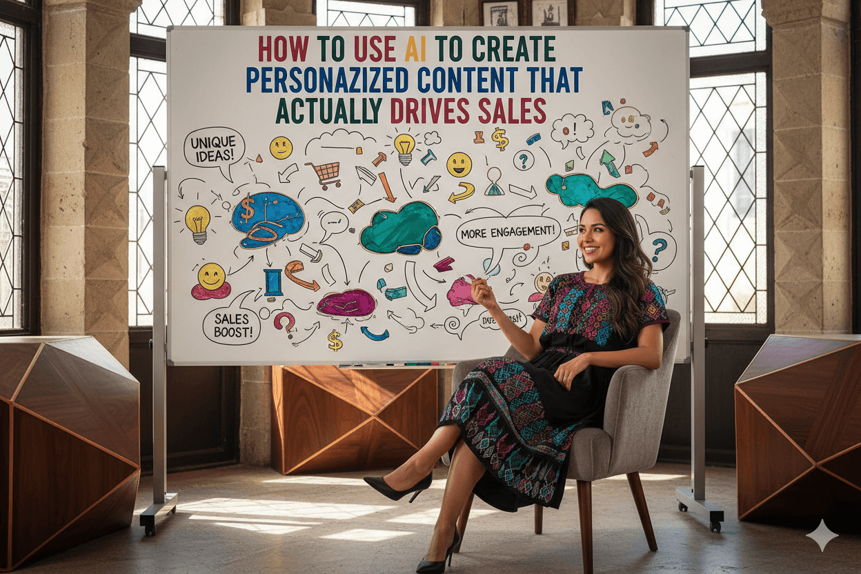 Una mujer sonriente con traje tradicional mexicano se sienta frente a una pizarra cubierta de iconos coloridos, flechas y el título de la entrada del blog "Cómo usar la IA para crear contenido personalizado que realmente impulse las ventas" para ilustrar cómo generar contenido atractivo.