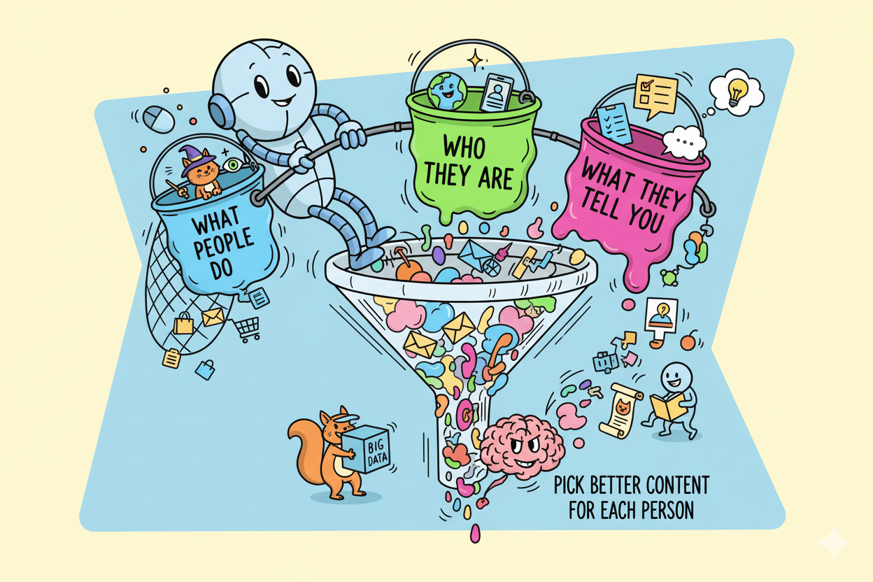 Un robot juguetón utiliza cubos etiquetados como "lo que hacen las personas", "quiénes son" y "lo que te dicen" para verter datos en un embudo, demostrando cómo la personalización por IA combina señales para seleccionar contenido mejor.