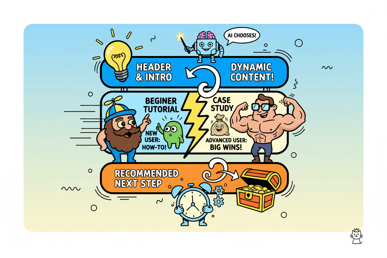 Un diagrama de flujo humorístico ilustra un correo electrónico con encabezado e introducción fijos, un bloque dinámico de contenido que muestra un tutorial o estudio de caso para principiantes basado en el tipo de usuario, y un siguiente paso recomendado, explicando cómo la IA ayuda a personalizar el contenido.
