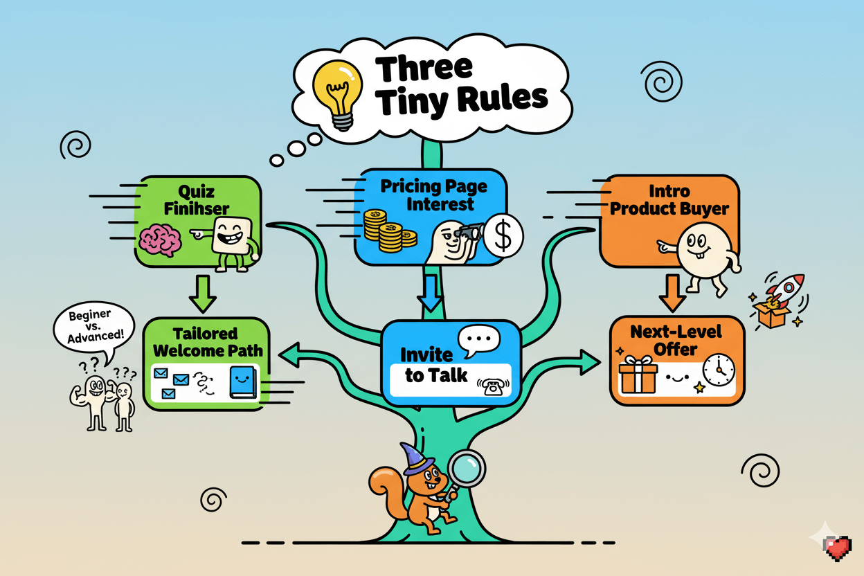 Un diagrama de flujo humorístico con personajes de dibujos animados ilustra tres reglas para contenido personalizado: rematador de cuestionarios, interés en la página de precios y comprador de producto introductorio.