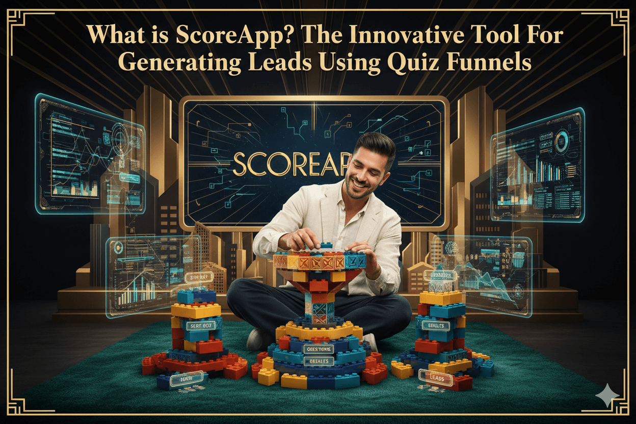 Un sonriente hombre de 25 años construye embudos de concursos para generación de leads con bloques de Lego coloridos, rodeados de paneles digitales futuristas con la marca Scoreapp