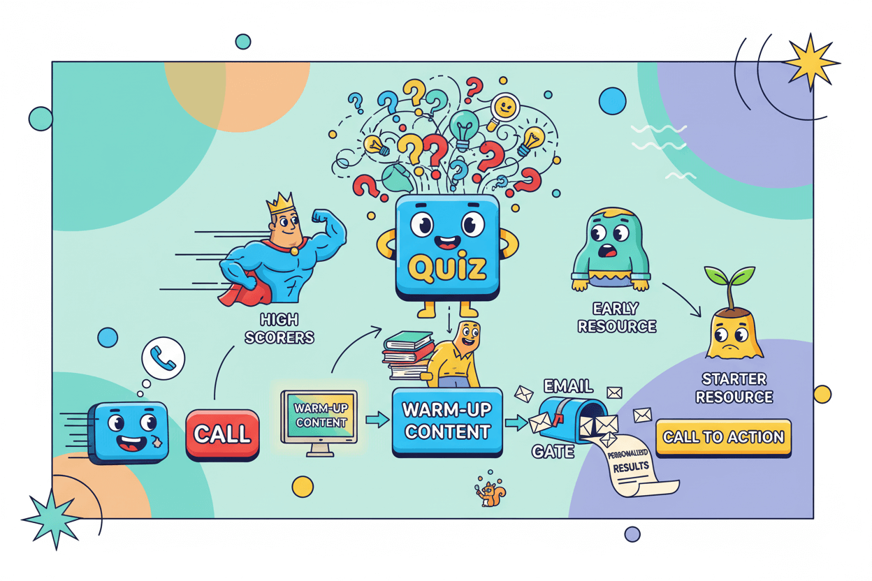 Ilustración que muestra un proceso de concurso embudo para la generación de leads con personajes e iconos animados. Incluye fases como quiz, puntuaciones altas, contenido de calentamiento, llamada, portal de correo electrónico y llamada a la acción, destacando el flujo de información y recursos.
