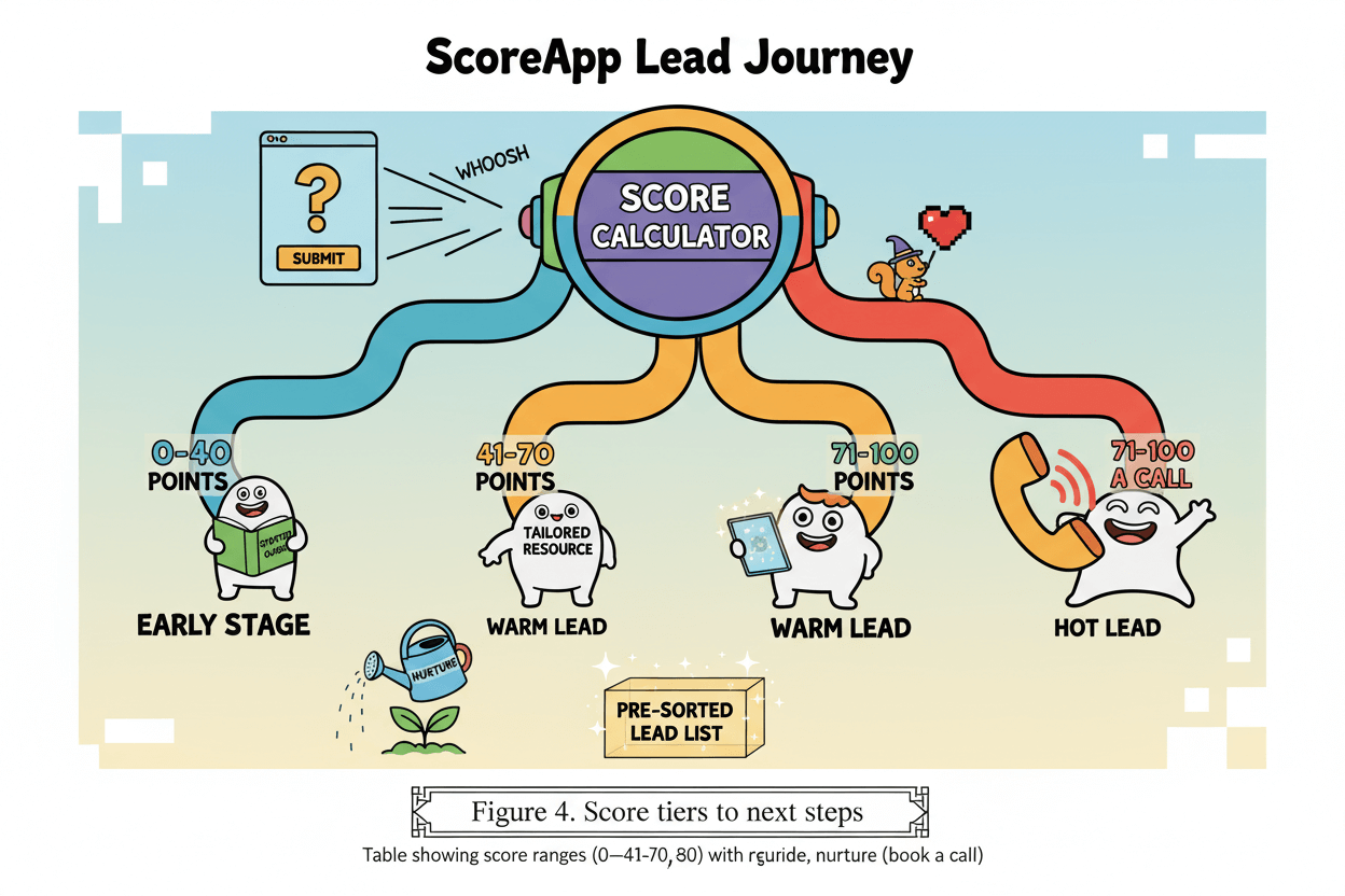 Un diagrama de flujo divertido muestra una calculadora de puntuación que dirige las pistas hacia las categorías en fase inicial, caliente y caliente para diferentes siguientes pasos.