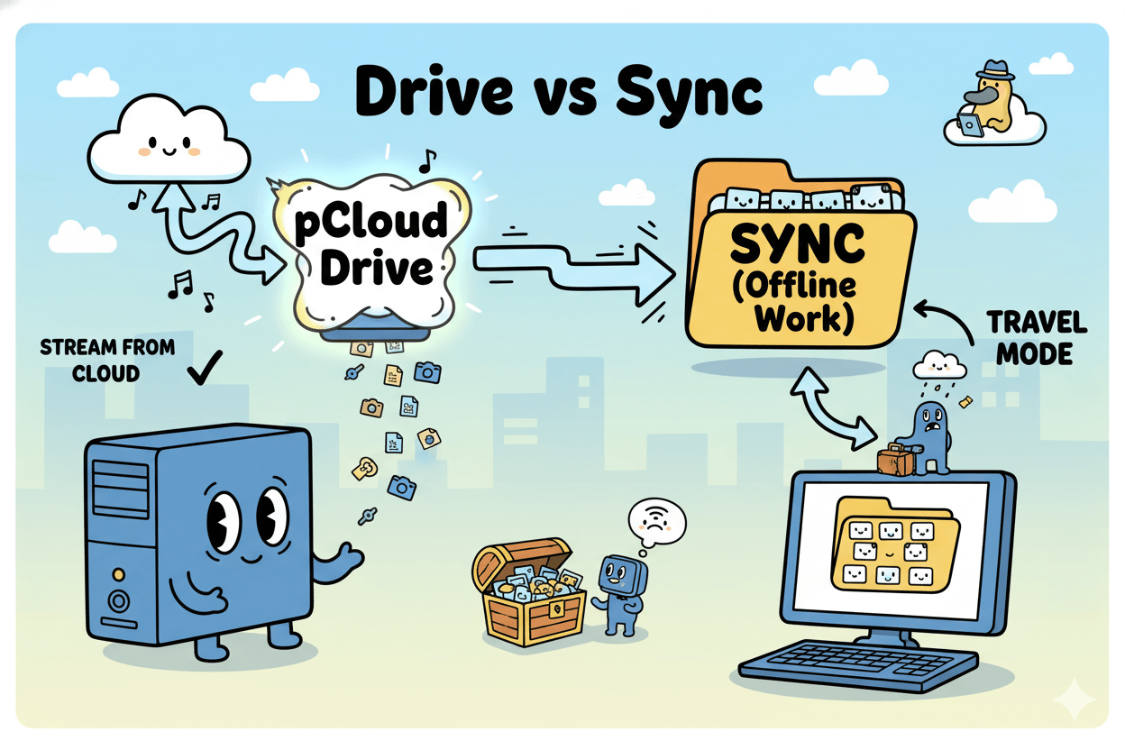 A diagram showing a computer streaming files from pCloud Drive and syncing files to a local folder for offline work.