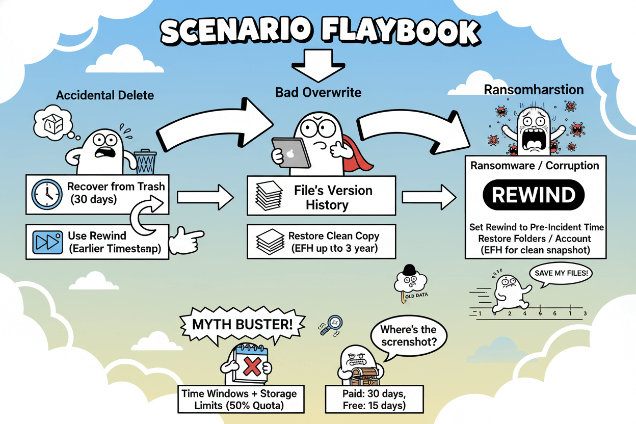 A playful flowchart shows three scenarios for data loss and how to recover using pCloud's features, like Rewind and version history