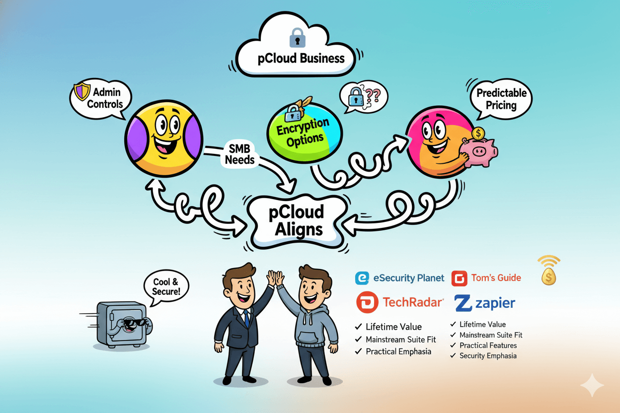 A humorous flowchart illustrates how pCloud Business aligns with small and medium business needs for security-minded features.