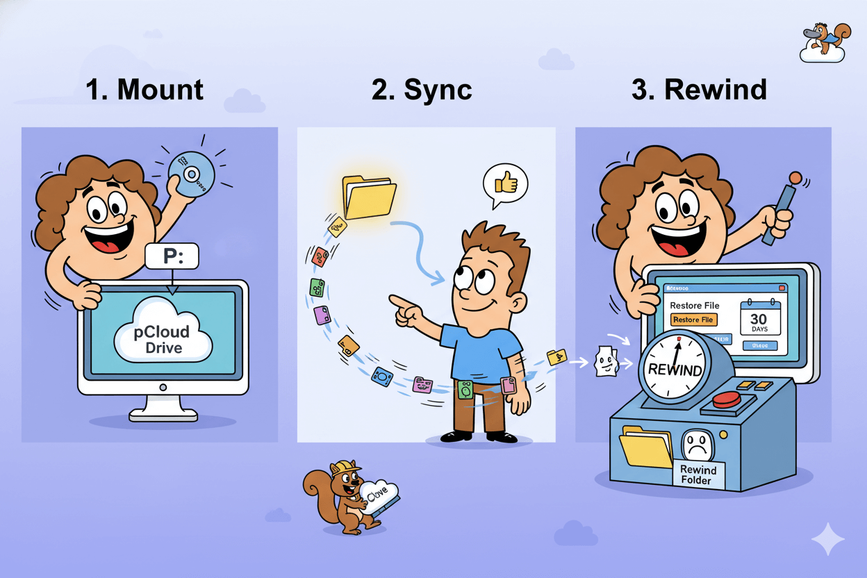 A three-panel cartoon illustrates a user mounting pCloud Drive, syncing a folder, and using Rewind to restore a file