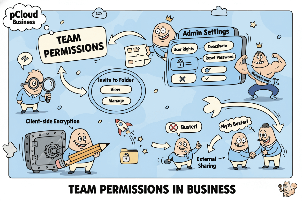 A playful flowchart illustrates pCloud Business team permissions, showing invite to folder options, admin settings, and client-side encryption.